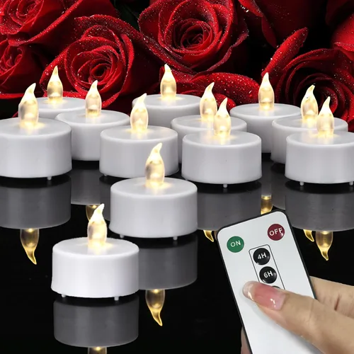 Miniatura 10 de Velas de té sin llama, funcionan con pilas, velas votivas eléctricas parpadeantes LED, paquete de 24 unidades, realistas y brillantes para fiestas