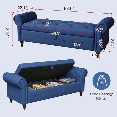 Miniatura 2 de NIOIIKIT Banco Otomano de Almacenamiento de 160 cm, Banco de Extremo de Cama con Botones, Sofá Otomano de Brazos Enrollados, Banco Largo para Azul