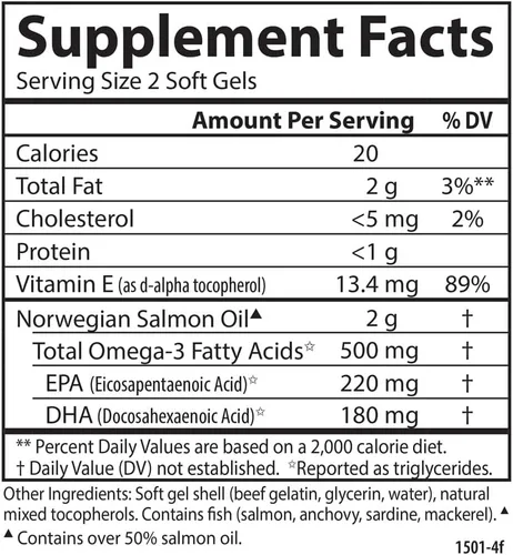 Miniatura 4 de Carlson Aceite de salmón, 500 mg de omega-3, aceite de pescado capturado en la naturaleza noruego, de origen sostenible, 180 cápsulas blandas