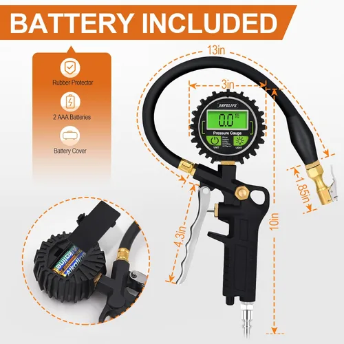 Miniatura 7 de SAFELIFE Medidor Digital de Presión de Neumáticos con Inflador, Portabrocas de Aire de 250 PSI con Manómetro y Accesorio Inflador de Neumáticos