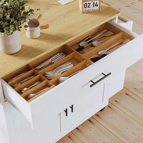 Miniatura 7 de IRONCK Isla de cocina con almacenamiento, isla de cocina rodante con hoja abatible, 3 estantes abiertos para especias, gabinete con puerta, cajón