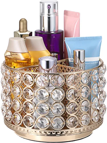 Miniatura 8 de Hipiwe Organizador de tocador de cristal, soporte giratorio de 360° para brochas de maquillaje, soporte de exhibición de brochas cosméticas Dorado