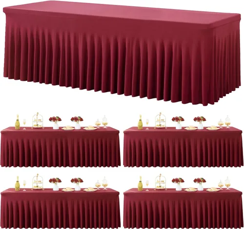 Miniatura 100 de Paquete de 2 manteles de spandex para mesas rectangulares de 8 pies, mantel elástico rosa de 8 pies, manteles ajustados, falda de mesa para fiestas