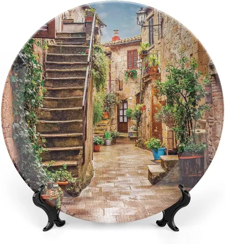 Miniatura 9 de Plato decorativo de 6 pulgadas, cerámica toscana, antigua calle italiana en pequeña ciudad provincial de Italia, placa de exhibición europea hecha a