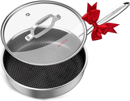 DELARLO Sartén Salteadora Híbrida de Acero Inoxidable de Tres Capas de 10 Pulgadas, 3QT Sartén de Chef para Cocinar, Anti-Rayones, Compatible con