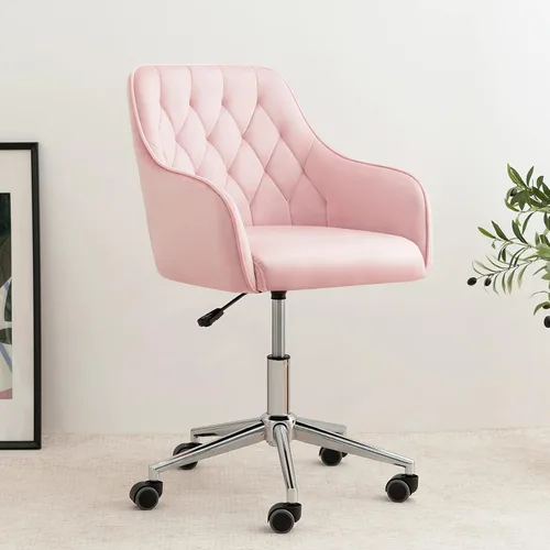 VANSPACE Silla de escritorio de terciopelo para maquillaje con ruedas y respaldo, silla de oficina en casa, silla giratoria ajustable para Rosa