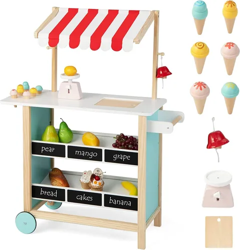 HONEY JOY Carrito de Helados para Niños, Set de Juego de Tienda de Abarrotes de Madera con 6 Piezas de Comida de Juguete, Campana Realista y Báscula