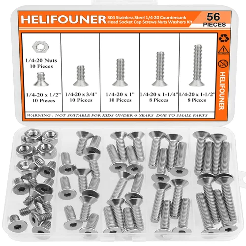 Miniatura 24 de HELIFOUNER 65 piezas de 5 tamaños de acero inoxidable 304 1/4-20 x 3/8 pulgadas 1/2 pulgadas 5/8 pulgadas 3/4 pulgadas 1 pulgada UNC cabeza de botón