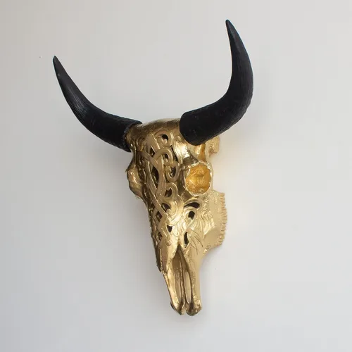 Miniatura 2 de Near and Deer Cráneo decorativo de bisonte de taxidermia sintética, oro/negro, CBI0817, 19x16x7
