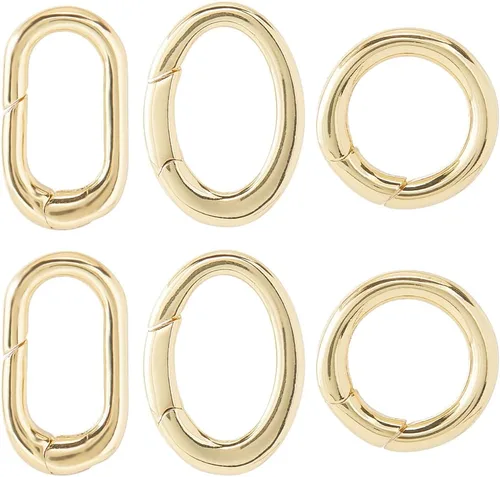 Miniatura 30 de SUNNYCLUE 1 caja de 6 piezas de 3 tamaños de latón ovalados llaveros de puerta de resorte, pequeño llavero de oro de 18 quilates, mosquetón, cierres