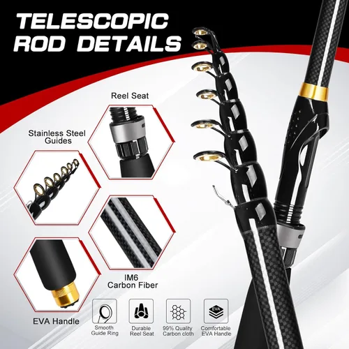 Miniatura 2 de Combo de caña de pescar y carrete de 6.89 pies, 2 cañas de pescar telescópicas de fibra de carbono, 2 carretes giratorios, 2 líneas de pesca, juego