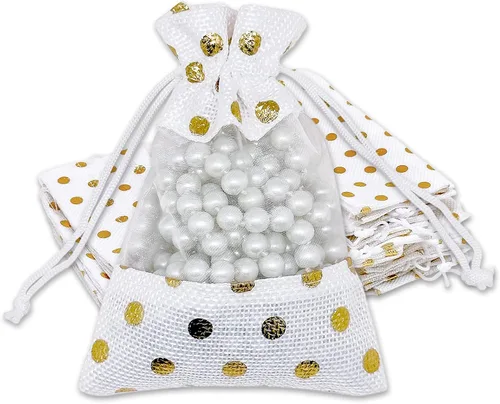 Miniatura 15 de Paquete de 12 bolsas de regalo medianas de lino, arpillera y organza con cordones (5 x 7 pulgadas, blanco) - Bolsa de malla para recuerdos