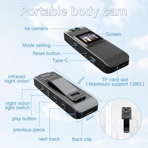 Miniatura 6 de Mini cámara corporal HD 1080P grabadora de video portátil, pequeña cámara de seguridad con tarjeta SD de 32 GB, visión nocturna, pantalla de 1.3