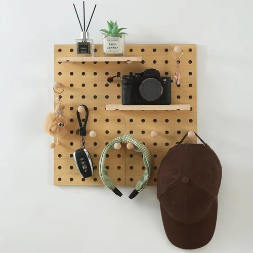 Miniatura 8 de Tablero de Clavijas de Madera Beige Expositor Modular Tablero de Clavijas de Madera Combinación Organizador de Pared Almacenamiento Ganchos de Pared