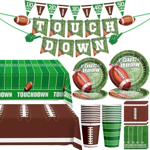 Decoraciones para fiestas de fútbol – 100 piezas de suministros para fiestas que sirven 24, pancartas de retocar, platos, mantel, taza y servilletas