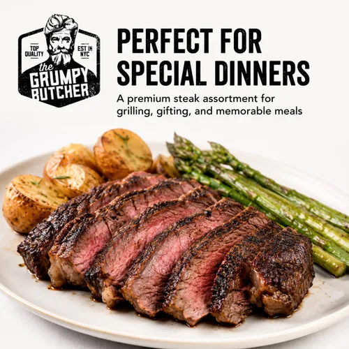 Miniatura 5 de Grumpy Butcher Aged 8 Steak Premium Set – 4 NY Strip, 2 Filet Mignon & 2 Ribeye Steaks – USDA Top Choice Beef Steak con opción de caja de regalo