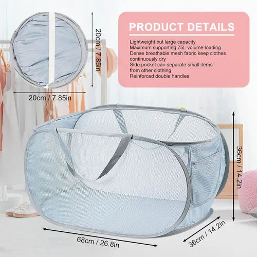 Miniatura 2 de 2 cestas de malla para la ropa sucia, canastas plegables para la ropa sucia, 75 L, cesta de almacenamiento horizontal con bolsillo lateral y asa