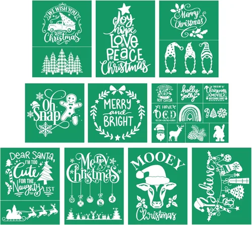 DGAG - 10 plantillas de seda autoadhesivas de Navidad, plantillas de serigrafía de Papá Noel para manualidades, plantillas de pasta de tiza de 10