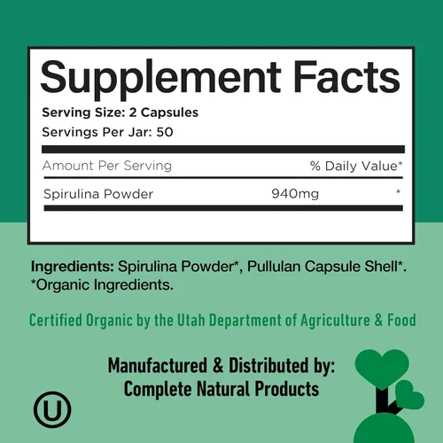 Miniatura 6 de Cápsulas de polvo de espirulina verde azul hawaiano pura, cápsulas de 470 mg, 100 píldoras, sin OMG, naturales