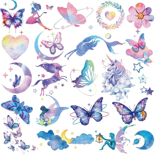 Tatuajes con purpurina para niñas y mujeres, 12 hojas con purpurina de mariposa, luna, flores, sirena, tatuajes temporales para niñas, suministros