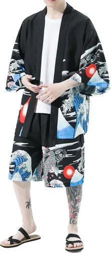 Miniatura 6 de PRIJOUHE Conjunto de kimono de estilo japonés para hombre, ligero, casual, con siete mangas, frente abierto, cárdigan y pantalones cortos