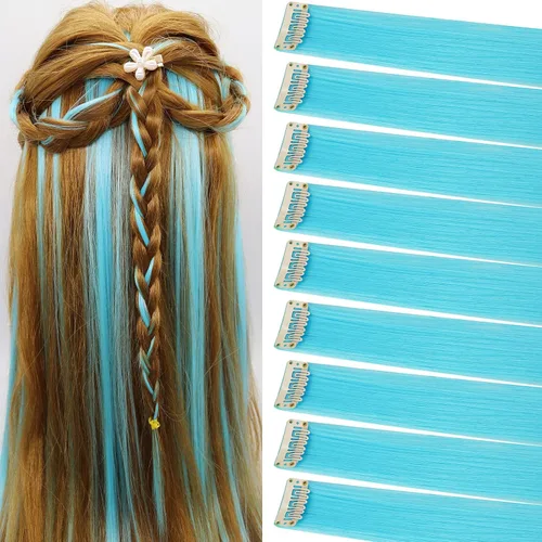 Miniatura 18 de 12 extensiones de cabello de colores rectas de 20 pulgadas, extensiones de cabello sintético con clip, color arcoíris, con reflejos, para fiesta