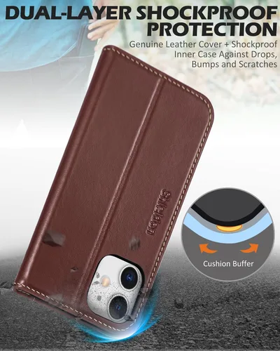 Miniatura 6 de SHIELDON Funda para iPhone 12 de 6.1", cartera de cuero genuino con protección magnética tipo libro, soporte con bloqueo RFID para tarjetas de Café
