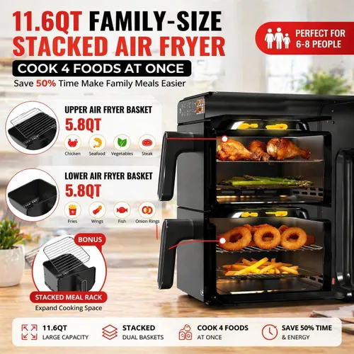 Miniatura 2 de Horno freidora de aire de 11.6 cuartos de galón con cesta doble, diseño vertical de 2 cestas, función de 6 programas preestablecidos con pantalla