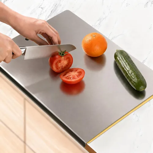 Miniatura 9 de Tabla de cortar grande de acero inoxidable con borde para cocina, tablas de cortar con alfombrilla antideslizante naranja, tabla de cortar con borde