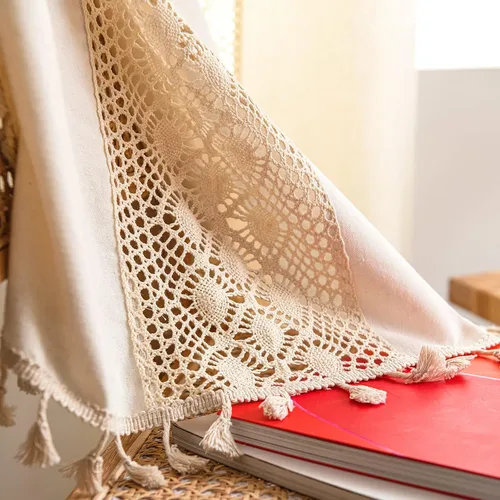 Miniatura 6 de Deeprove - Cortinas bohemias de 63 pulgadas de largo para dormitorio, rayas de lunares de punto hueco beige y patchwork de algodón y lino crema