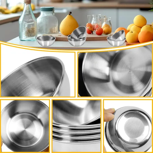 Miniatura 4 de 6 platos de salsa de acero inoxidable, cuencos redondos para condimentos, mini platos de aperitivo, platos para mezclar sushi (3.15 x 1.18 pulgadas)