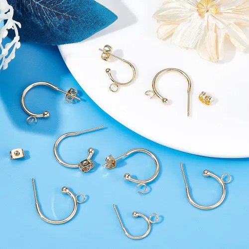 Miniatura 4 de Beebeecraft 20 aretes de aro de 2 tamaños chapados en oro de 24 quilates de acero inoxidable con lazo y tuercas de oreja para mujer, joyería
