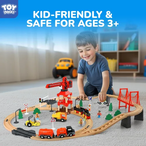 Miniatura 8 de TOY Life Juego de Tren de 81 Piezas con Grúa y Locomotora, Juguete de Tren de Madera, Vías de Tren de Madera para Niños Pequeños de 3, 4, 5 Años