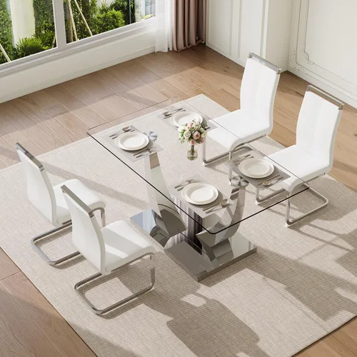Miniatura 30 de Juego de mesa de comedor de 63 pulgadas para 4, juego de mesa de comedor dorado moderno para 4, juego de mesa de cocina de mármol sintético con negro