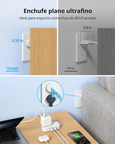 Miniatura 6 de TROND Regleta de alimentación de enchufe plano de 5 pies, cable de extensión plano pequeño con múltiples tomas, 4 puertos de CA y 4 puertos USB