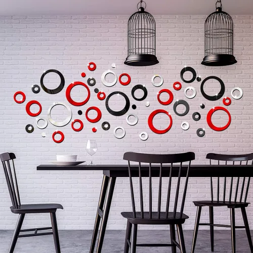 Miniatura 7 de Outus 72 Piezas Pegatinas de Pared Decorativas Espejo Circular Acrílico Removible Rojo y Negro Decoración de Pared Puntos Redondos a Granel DIY Rojo