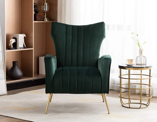 Miniatura 4 de Silla decorativa curvada copetuda con patas de metal doradas de terciopelo tapizado con brazo tapizado para club, ocio, silla moderna para sala
