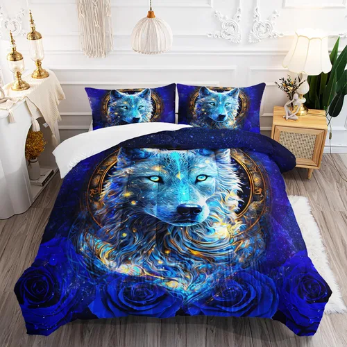 Miniatura 28 de AILONEN Juego de edredón con cabeza de lobo impresa tamaño individual, juego de ropa de cama de lobo para la noche para niños y hombres, juego