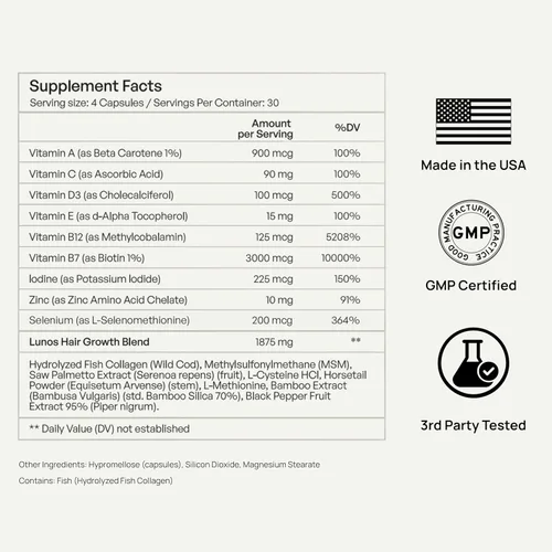 Miniatura 9 de Lunos Grow Hair Growth Supplements - Vitaminas para el cabello de 17 ingredientes para mujeres y hombres con biotina, palma enana americana