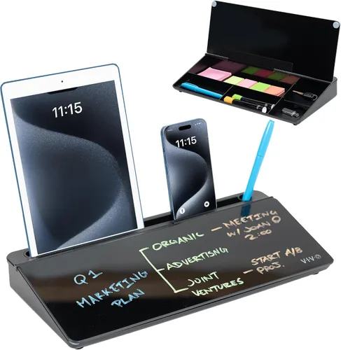 Vivo DESK-WB16B - Pizarra de cristal de borrado en seco de 16 x 7 pulgadas con almacenamiento, organizador de pizarra blanca de escritorio con