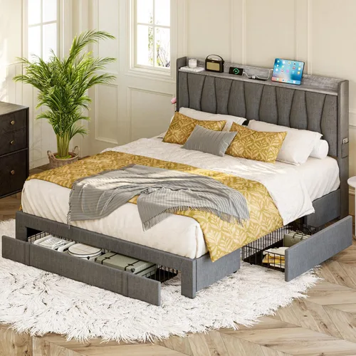 Miniatura 10 de ANCTOR Marco de cama tamaño completo con 3 cajones, cama plataforma tapizada con cabecera de almacenamiento y estación de carga, no necesita somier