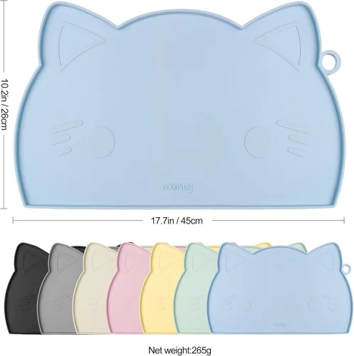 Miniatura 2 de Coomazy Tapete de comida para gatos, tapete de alimentación más grueso para perros con borde elevado, silicona antideslizante para el suelo, Azul