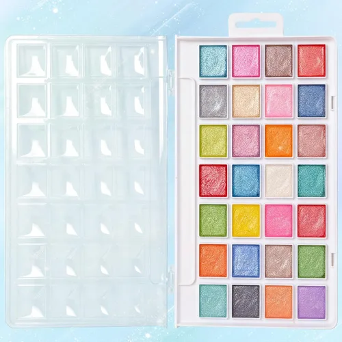 Miniatura 2 de Pintura de acuarela, 28 colores metálicos, lavable, juego de pintura de acuarela con un pincel, un bolígrafo y paleta de pincel de agua recargable