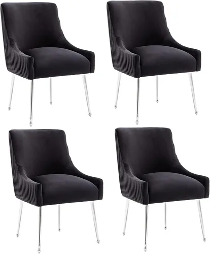 Miniatura 13 de Sillas de comedor de estilo moderno de terciopelo tapizado, silla de acento de tocador con barra vertical, silla capitonada con patas plateadas