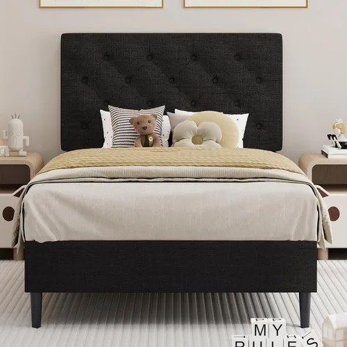 Miniatura 22 de BarnFurin Marcos de cama individual con cabecera capitoné con botones, cama de plataforma tapizada de lino con soporte de listones de madera, fácil