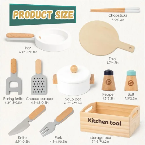 Miniatura 2 de 10 piezas de juguetes de cocina de madera, utensilios y accesorios, juego de ollas y sartenes de simulación, juguete de cocina Montessori para niños