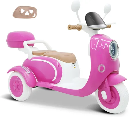Miniatura 9 de Motocicleta eléctrica para niños de 2 plazas con control remoto, 3 ruedas de 12 V con USB, música, Bluetooth, luz, caja de almacenamiento grande, 2