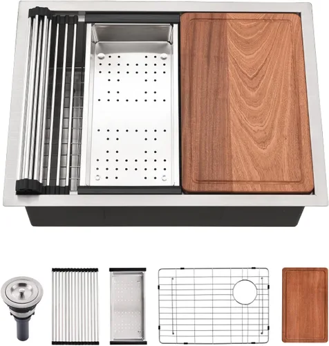 Fregadero de cocina de montaje inferior, fregadero de cocina de acero inoxidable de 25 x 19 pulgadas, calibre 16, con estación de trabajo con tabla