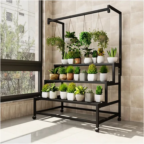 Soporte de metal grande de 3 niveles, con estante alto para macetas colgantes, con rodillos resistente para plantas, para el hogar, jardín, sala de