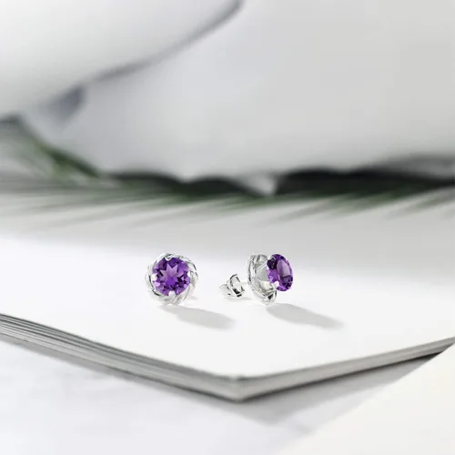 Miniatura 185 de Gem Stone King Aretes de plata de ley 925 de 0.236 in con piedra natal redonda para mujer